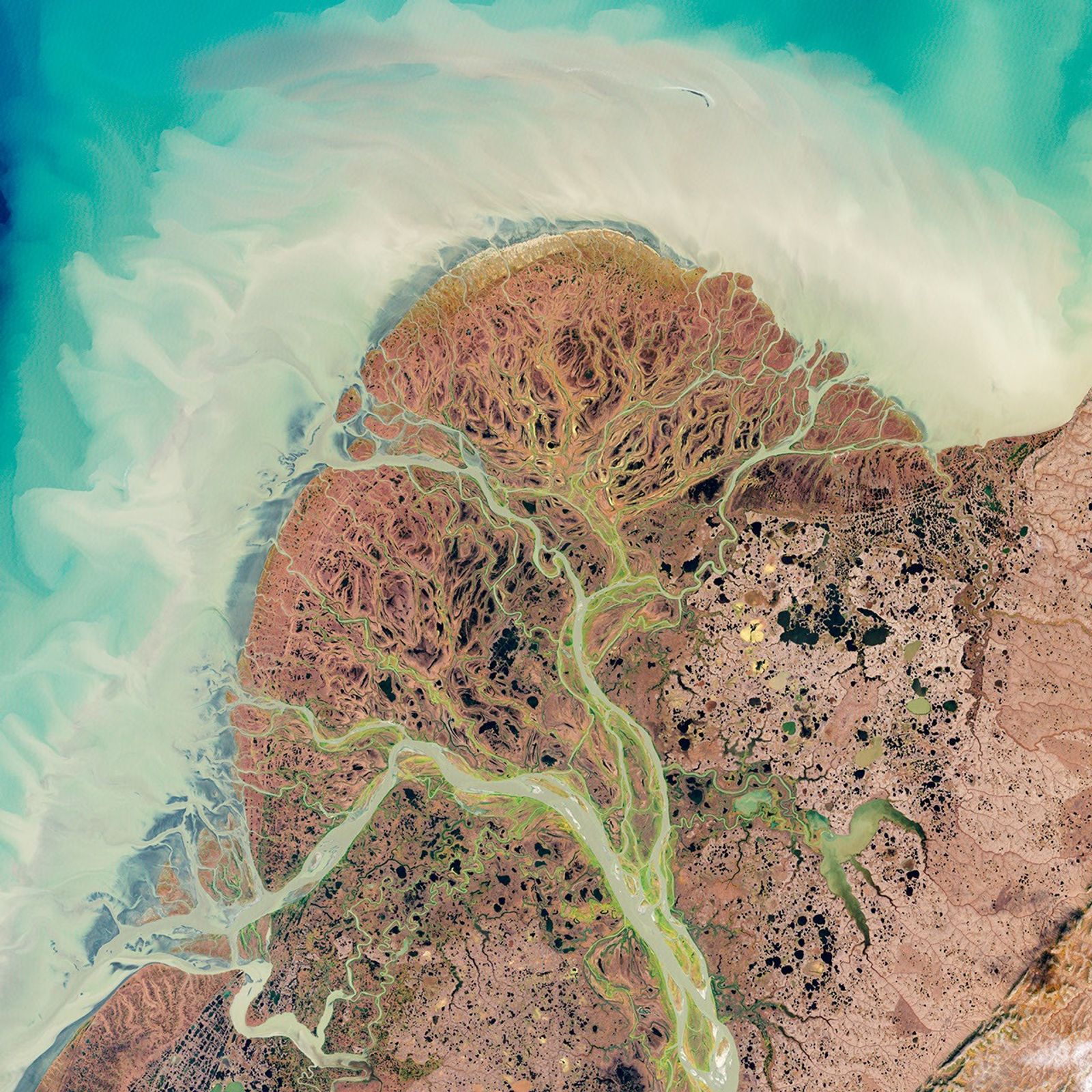 Landsat 7 view of the Yukon Delta in Alaska: branching rivers, coastal wetlands and turquoise water